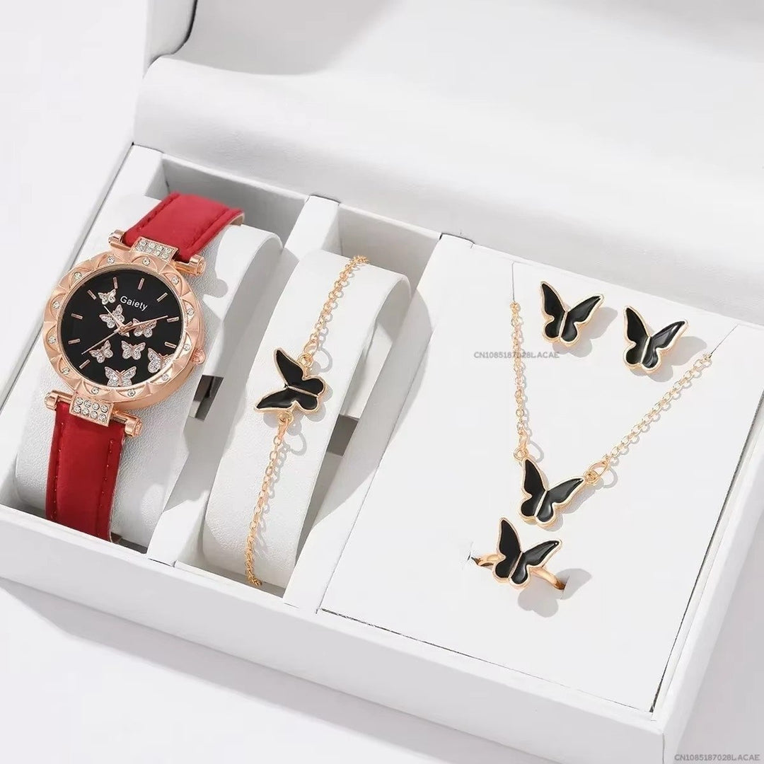 Womens Watch and Jewelry Set  Butterfly Leather Strap Watch with Ring (No Box) Image 2