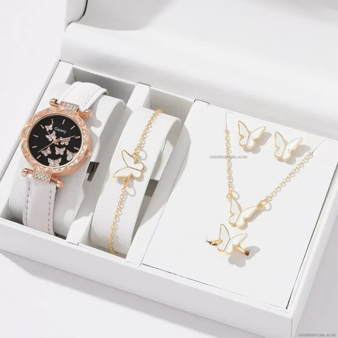 Womens Watch and Jewelry Set  Butterfly Leather Strap Watch with Ring (No Box) Image 1