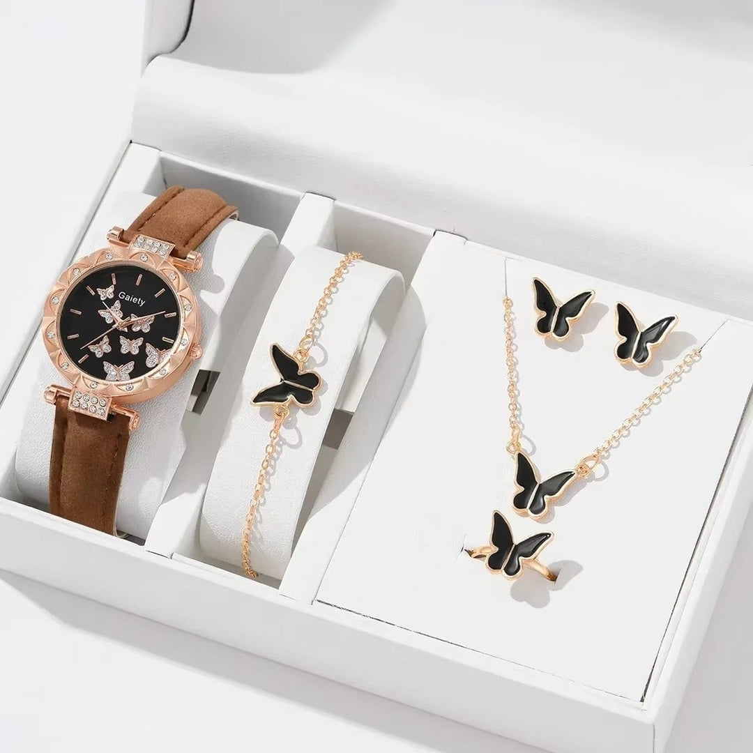 Womens Watch and Jewelry Set  Butterfly Leather Strap Watch with Ring (No Box) Image 6