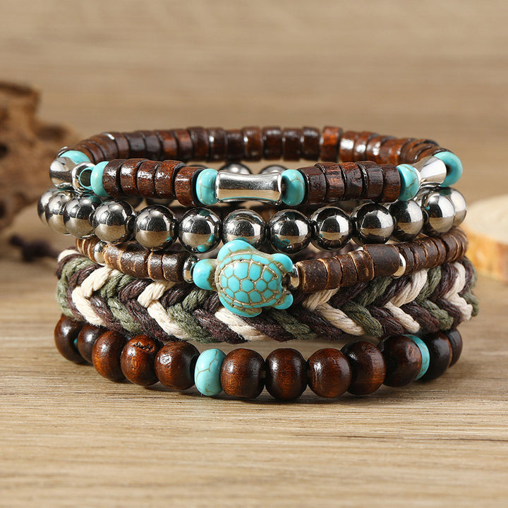 5 Pcs Braided Bracelet Set Weaving Wooden Bead Decor Turtle Pendant Bohemian Style Faux Turquoise Stone Stone Bracelet Image 1