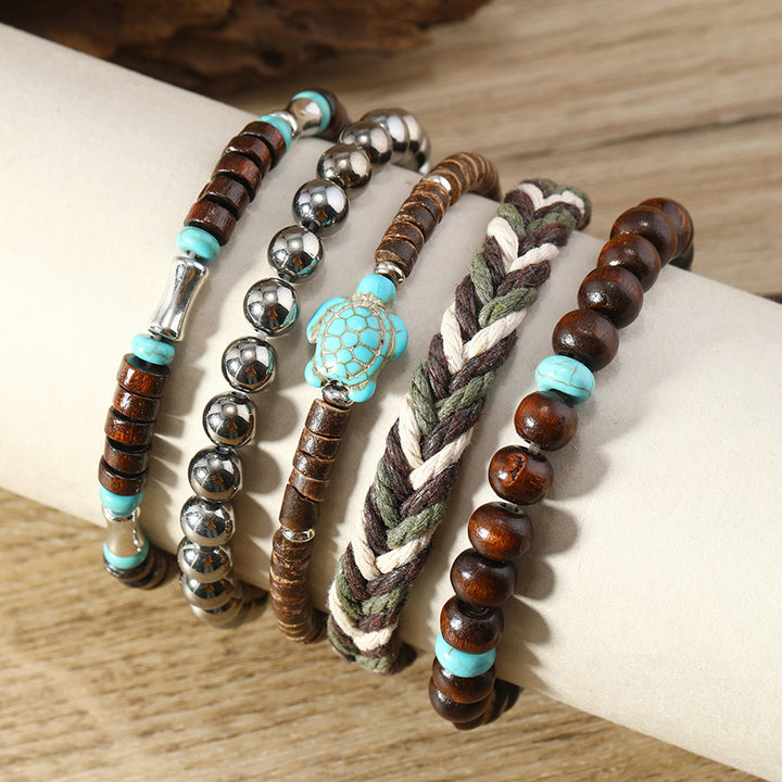 5 Pcs Braided Bracelet Set Weaving Wooden Bead Decor Turtle Pendant Bohemian Style Faux Turquoise Stone Stone Bracelet Image 2