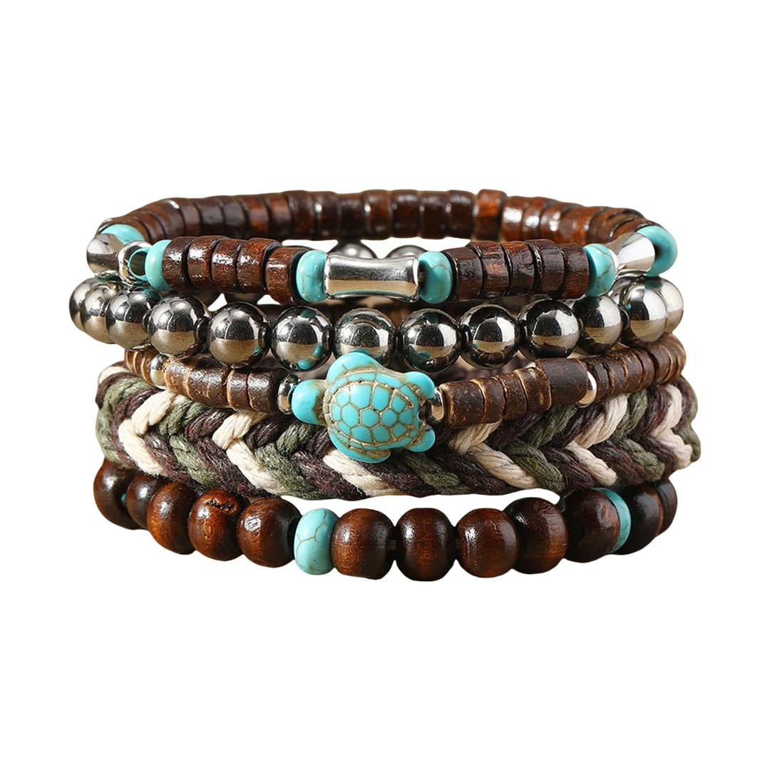 5 Pcs Braided Bracelet Set Weaving Wooden Bead Decor Turtle Pendant Bohemian Style Faux Turquoise Stone Stone Bracelet Image 4