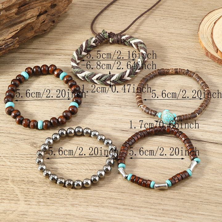 5 Pcs Braided Bracelet Set Weaving Wooden Bead Decor Turtle Pendant Bohemian Style Faux Turquoise Stone Stone Bracelet Image 6