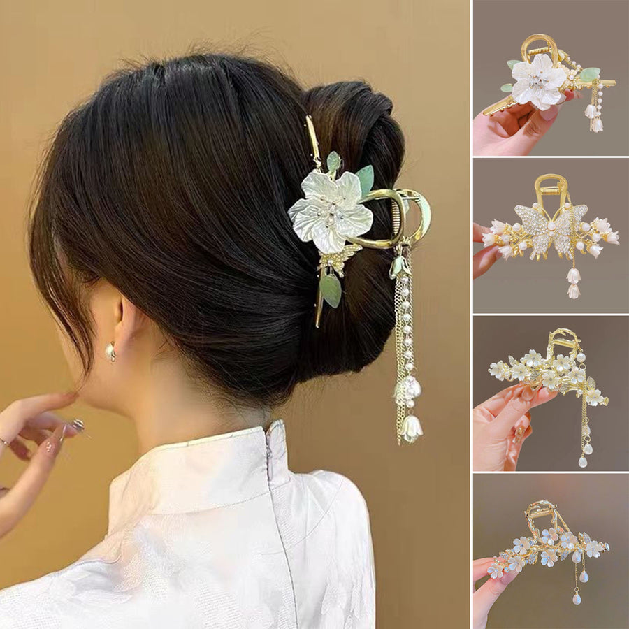 Women Hair Claw Shiny Rhinestones Faux Pearls Butterflies Decor Hair Clip Back Head Tassel Hair Decoration Image 1