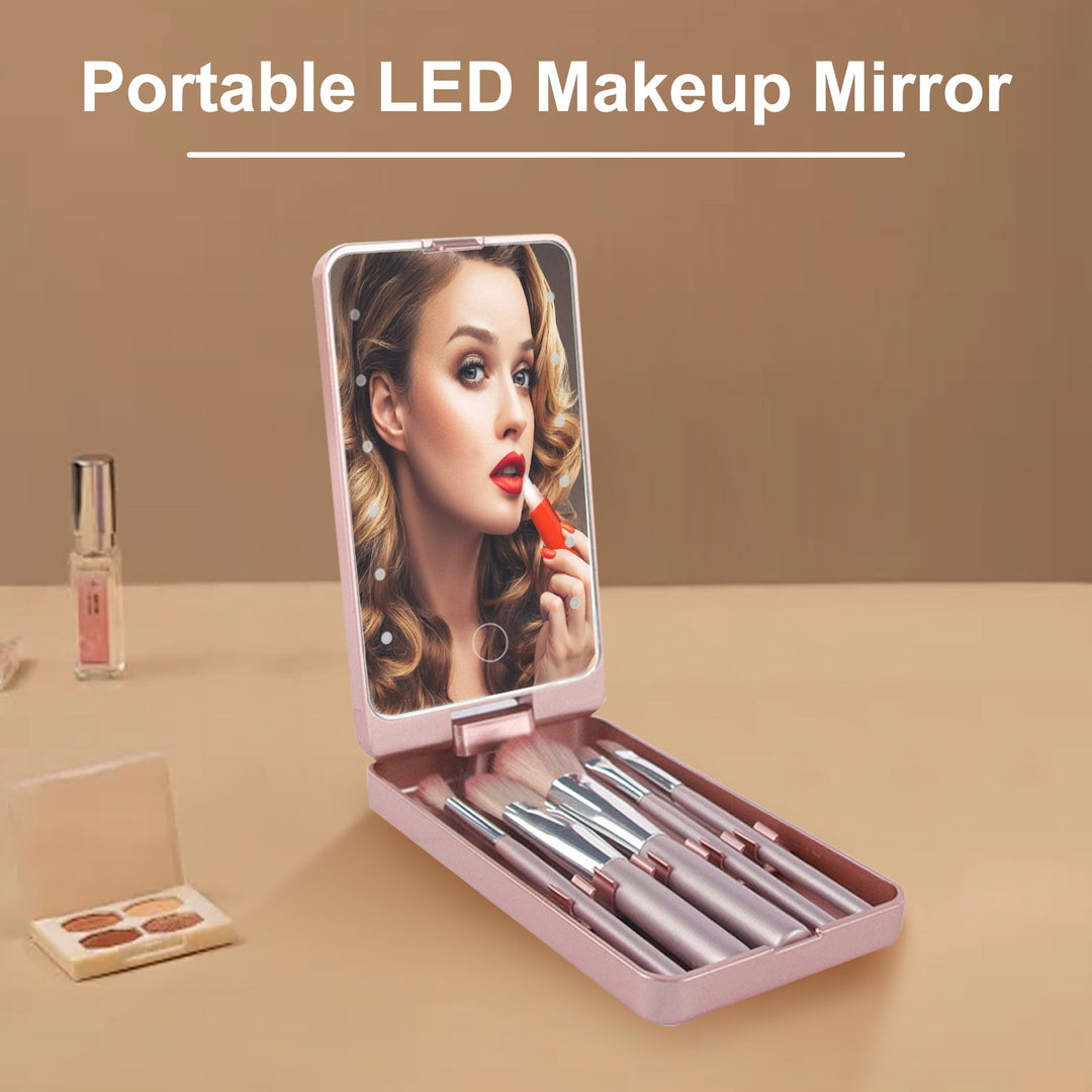 1 Set Makeup Brush LED Mirror Box Foundation Loose Powder Eye Nose Shadow Cosmetic Brush Portable Travel Women Girls Image 2