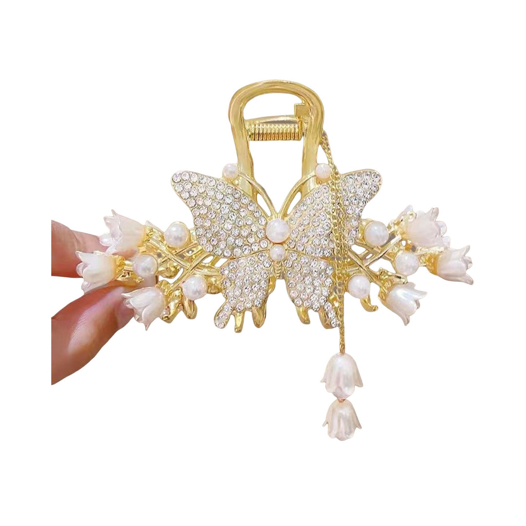 Women Hair Claw Shiny Rhinestones Faux Pearls Butterflies Decor Hair Clip Back Head Tassel Hair Decoration Image 3