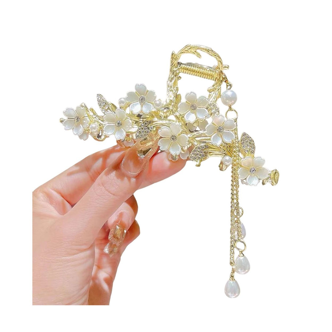 Women Hair Claw Shiny Rhinestones Faux Pearls Butterflies Decor Hair Clip Back Head Tassel Hair Decoration Image 1