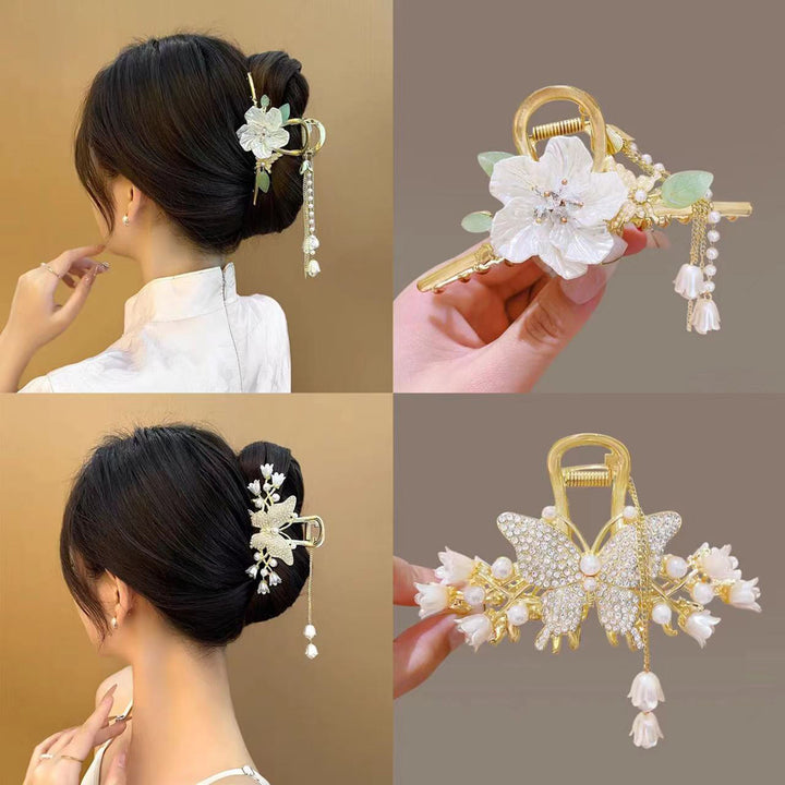 Women Hair Claw Shiny Rhinestones Faux Pearls Butterflies Decor Hair Clip Back Head Tassel Hair Decoration Image 9