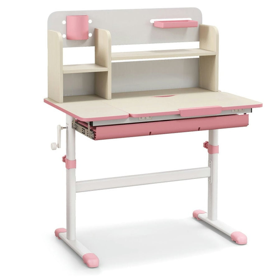 Hommoo Height Adjustable Kids Study Desk with Tilt Desktop for 3-12 Years Old-Pink Small Folding Table for Arts and Image 1