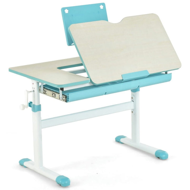 Hommoo Height-Adjustable Kids Desk with Tilt Desktop and Book Stand-Blue Small Folding Table for Arts and Crafts Snack Image 1