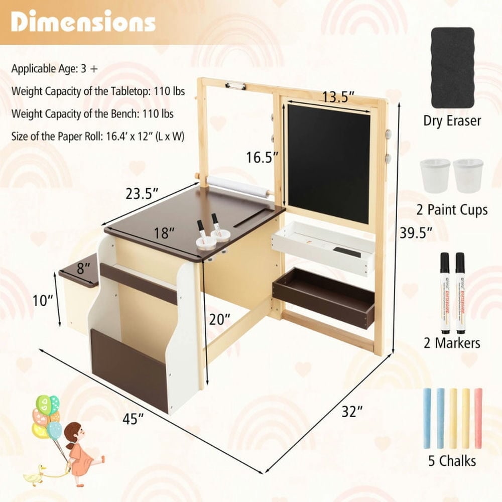 Hommoo Kids Art Center Wooden Table Bench Set-Brown Small Folding Table for Arts and Crafts Snack Time Homeschooling Image 3