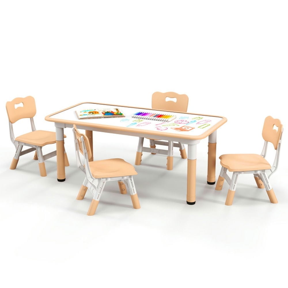 Hommoo Kids Table and Chairs Set for 4 with Graffiti Desktop-Natural Small Folding Table for Arts and Crafts Snack Time Image 1