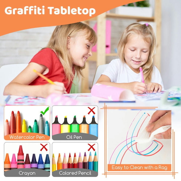 Hommoo Kids Table and Chairs Set for 4 with Graffiti Desktop-Natural Small Folding Table for Arts and Crafts Snack Time Image 3