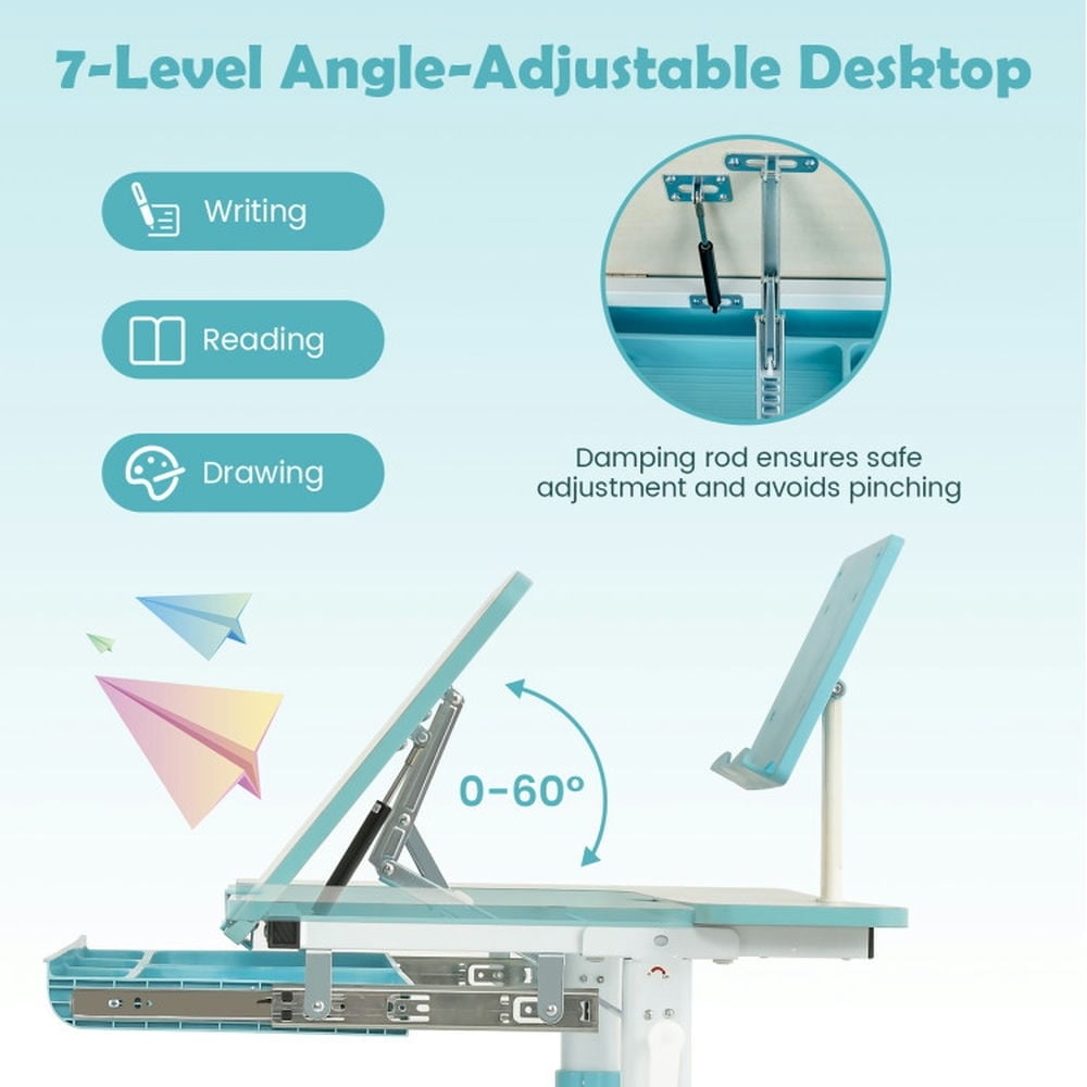 Hommoo Height-Adjustable Kids Desk with Tilt Desktop and Book Stand-Blue Small Folding Table for Arts and Crafts Snack Image 2