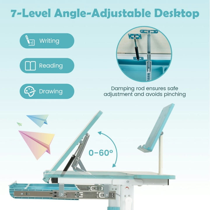 Hommoo Height-Adjustable Kids Desk with Tilt Desktop and Book Stand-Blue Small Folding Table for Arts and Crafts Snack Image 2