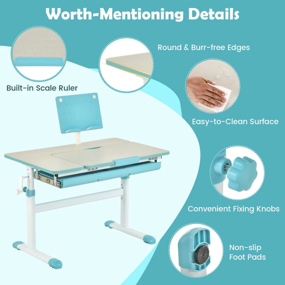 Hommoo Height-Adjustable Kids Desk with Tilt Desktop and Book Stand-Blue Small Folding Table for Arts and Crafts Snack Image 3