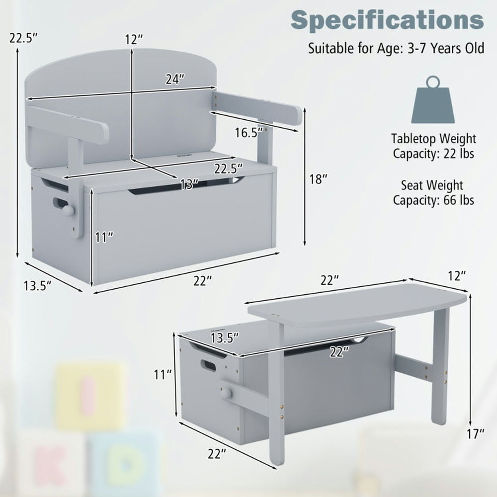 Hommoo 3-in-1 Kids Convertible Storage Bench Wood Activity Table and Chair Set-Gray Small Folding Table for Arts and Image 2