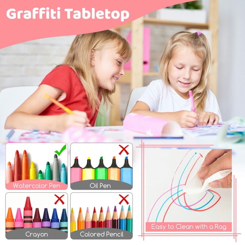 Hommoo Kids Table and Chairs Set for 4 with Graffiti Desktop-Pink Small Folding Table for Arts and Crafts Snack Time Image 4