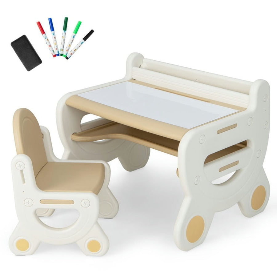 Hommoo Kids Drawing Table and Chair Set with Watercolor Pens and Blackboard Eraser-Brown Small Folding Table for Arts Image 1