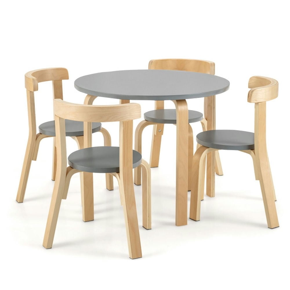 Hommoo 5-Piece Kids Wooden Curved Back Activity Table and Chair Set with Toy Bricks-Gray Small Folding Table for Arts Image 1