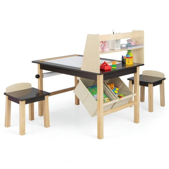 Hommoo Kids Art Table and Chairs Set with Paper Roll and Storage Bins-Coffee Small Folding Table for Arts and Crafts Image 3