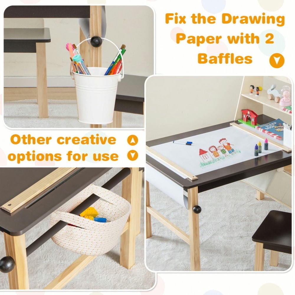 Hommoo Kids Art Table and Chairs Set with Paper Roll and Storage Bins-Coffee Small Folding Table for Arts and Crafts Image 4