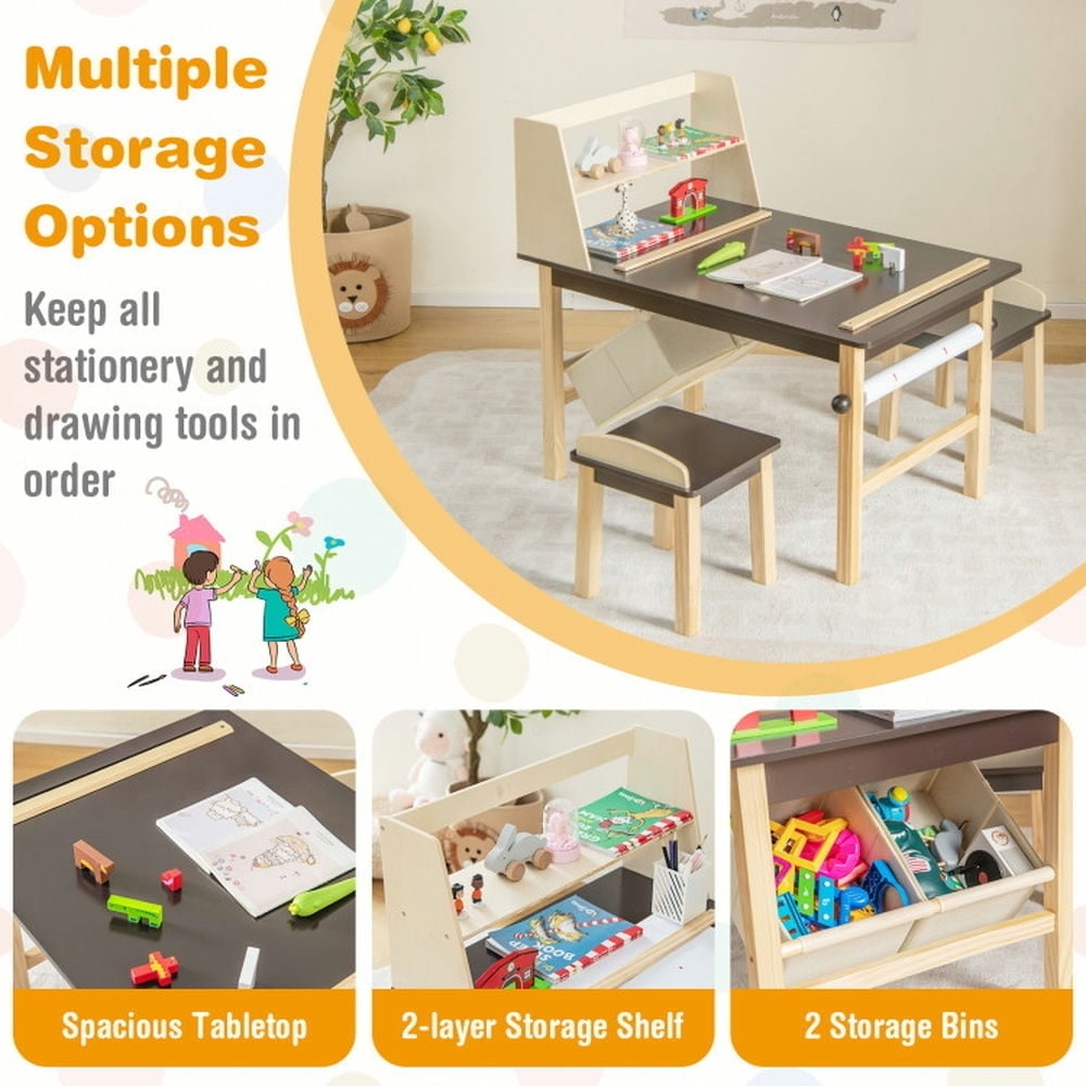 Hommoo Kids Art Table and Chairs Set with Paper Roll and Storage Bins-Coffee Small Folding Table for Arts and Crafts Image 6