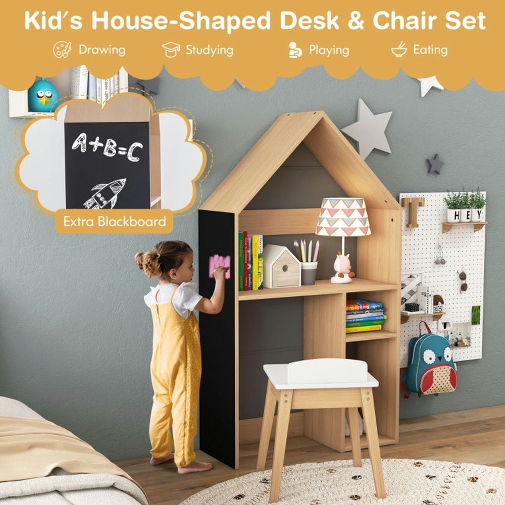 Hommoo 2-in-1 Kids House-Shaped Table and Chair Set-Gray Small Folding Table for Arts and Crafts Snack Time Image 3