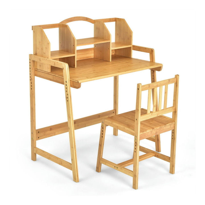 Hommoo Bamboo Kids Study Desk and Chair Set with Bookshelf Small Folding Table for Arts and Crafts Snack Time Image 1