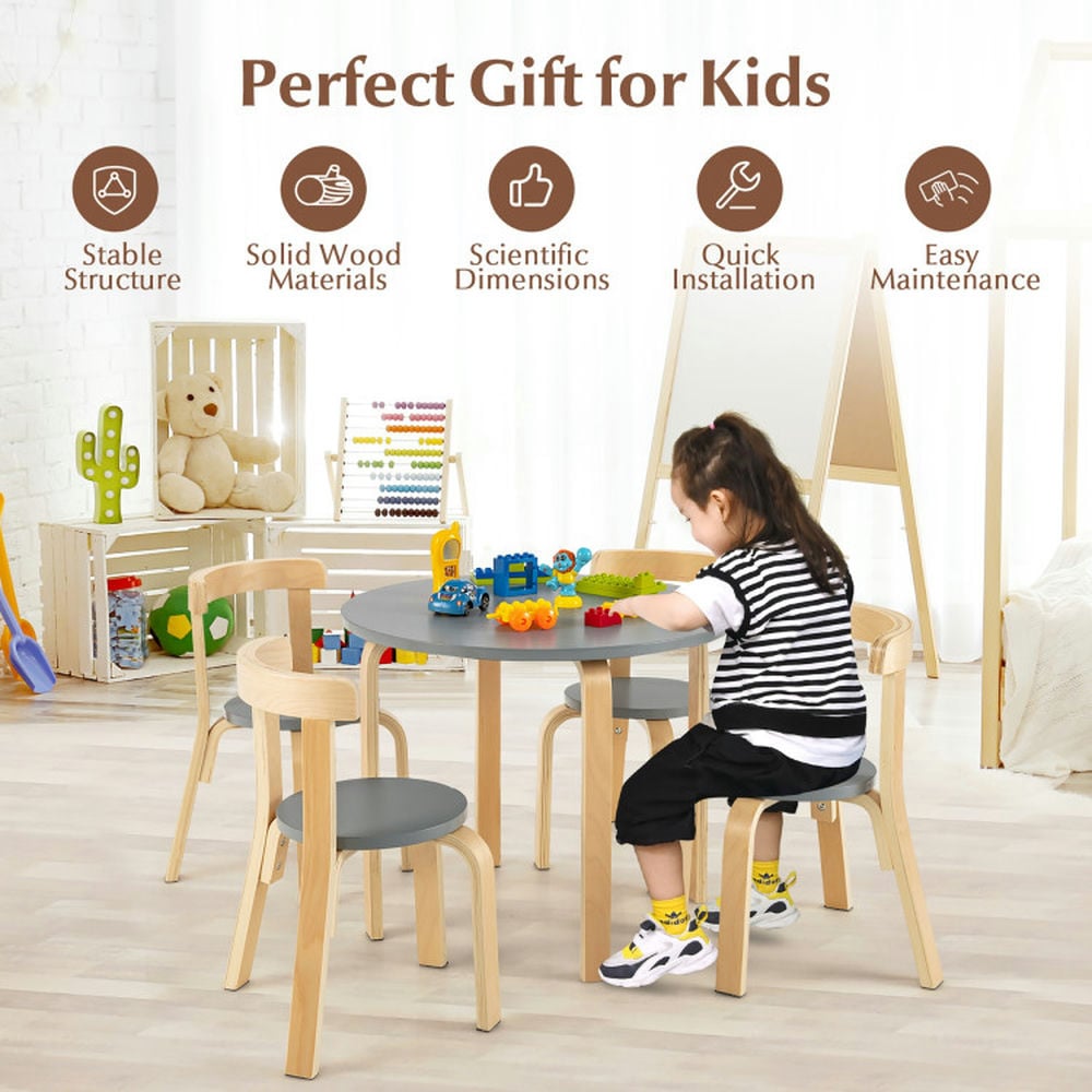 Hommoo 5-Piece Kids Wooden Curved Back Activity Table and Chair Set with Toy Bricks-Gray Small Folding Table for Arts Image 4