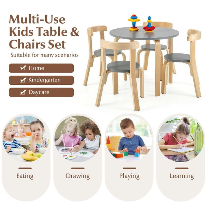 Hommoo 5-Piece Kids Wooden Curved Back Activity Table and Chair Set with Toy Bricks-Gray Small Folding Table for Arts Image 7