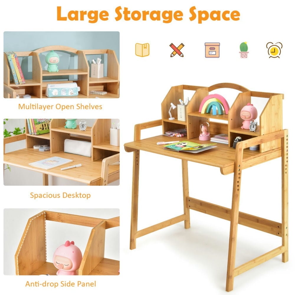 Hommoo Bamboo Kids Study Desk and Chair Set with Bookshelf Small Folding Table for Arts and Crafts Snack Time Image 3