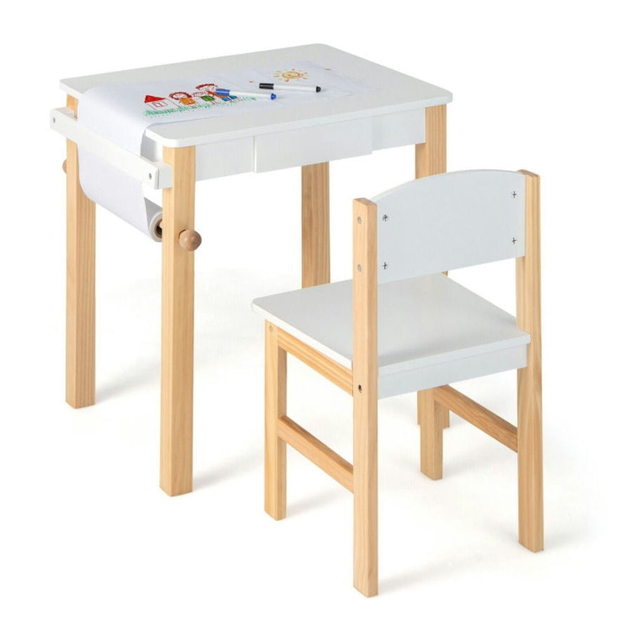 Hommoo Kids Art Table and Chair Set with Drawer Paper Roll and 2 Markers-White Small Folding Table for Arts and Crafts Image 1