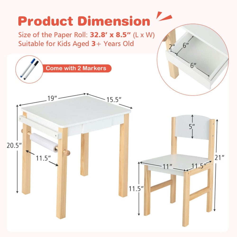 Hommoo Kids Art Table and Chair Set with Drawer Paper Roll and 2 Markers-White Small Folding Table for Arts and Crafts Image 3