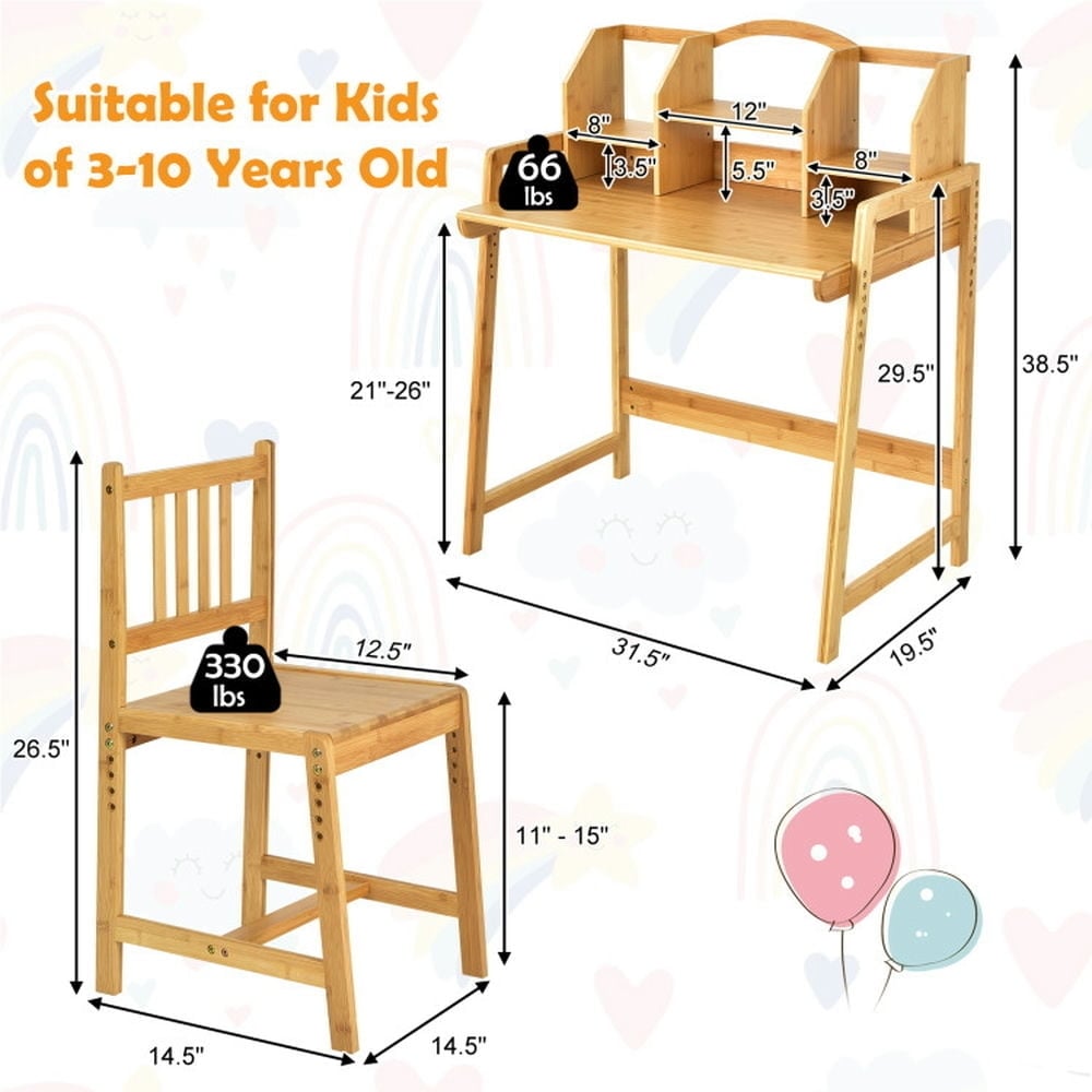 Hommoo Bamboo Kids Study Desk and Chair Set with Bookshelf Small Folding Table for Arts and Crafts Snack Time Image 6