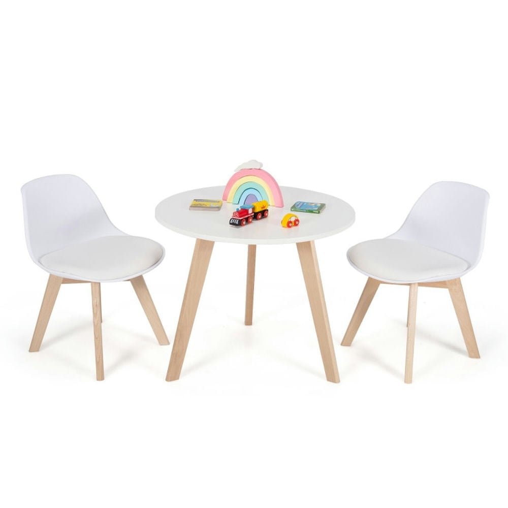 Hommoo Modern Kids Activity Play Table and 2 Chairs Set with Beech Leg Cushion-White Small Folding Table for Arts and Image 1