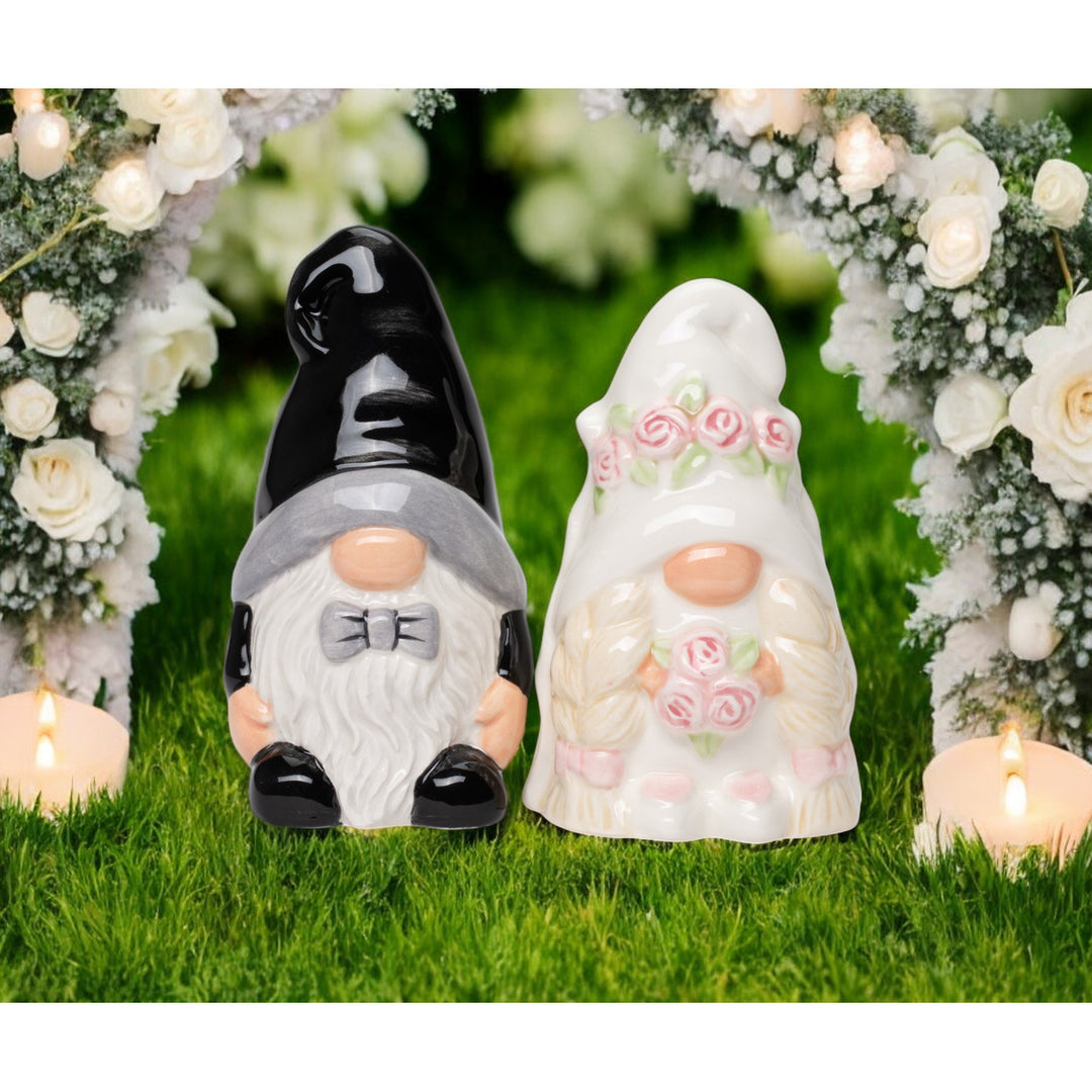 Ceramic Gnome Bride and Groom Salt and Pepper Shakers  Gnome Collector Gift Image 1