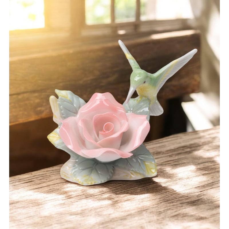 Ceramic Hummingbird with Peace Rose Figurine Bird Watcher Gift , Image 1