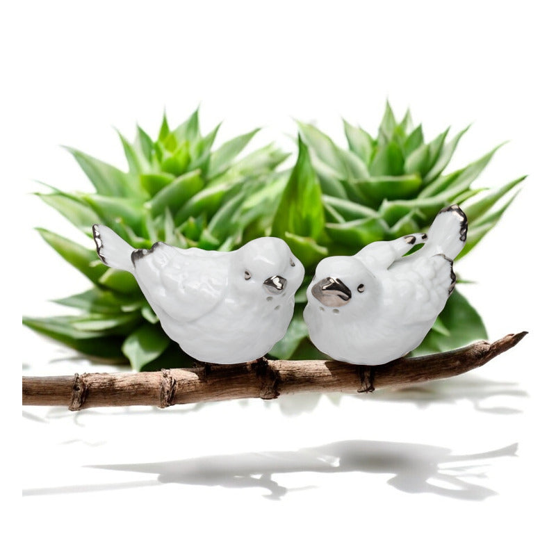 Ceramic Platinum Trim White Birds Salt and Pepper Shakers Bird Watcher Gift , Image 1