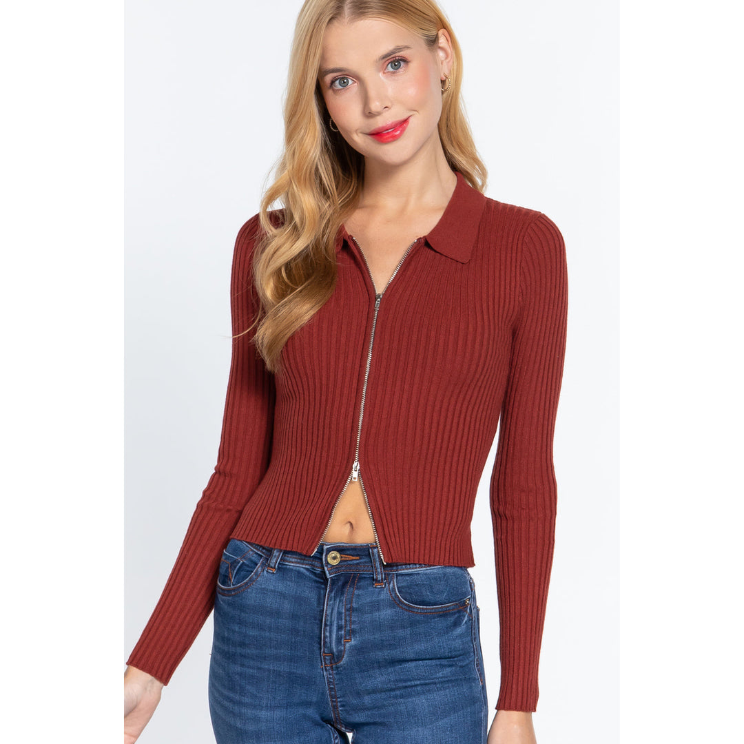 Notched Collar Zippered Sweater Image 1