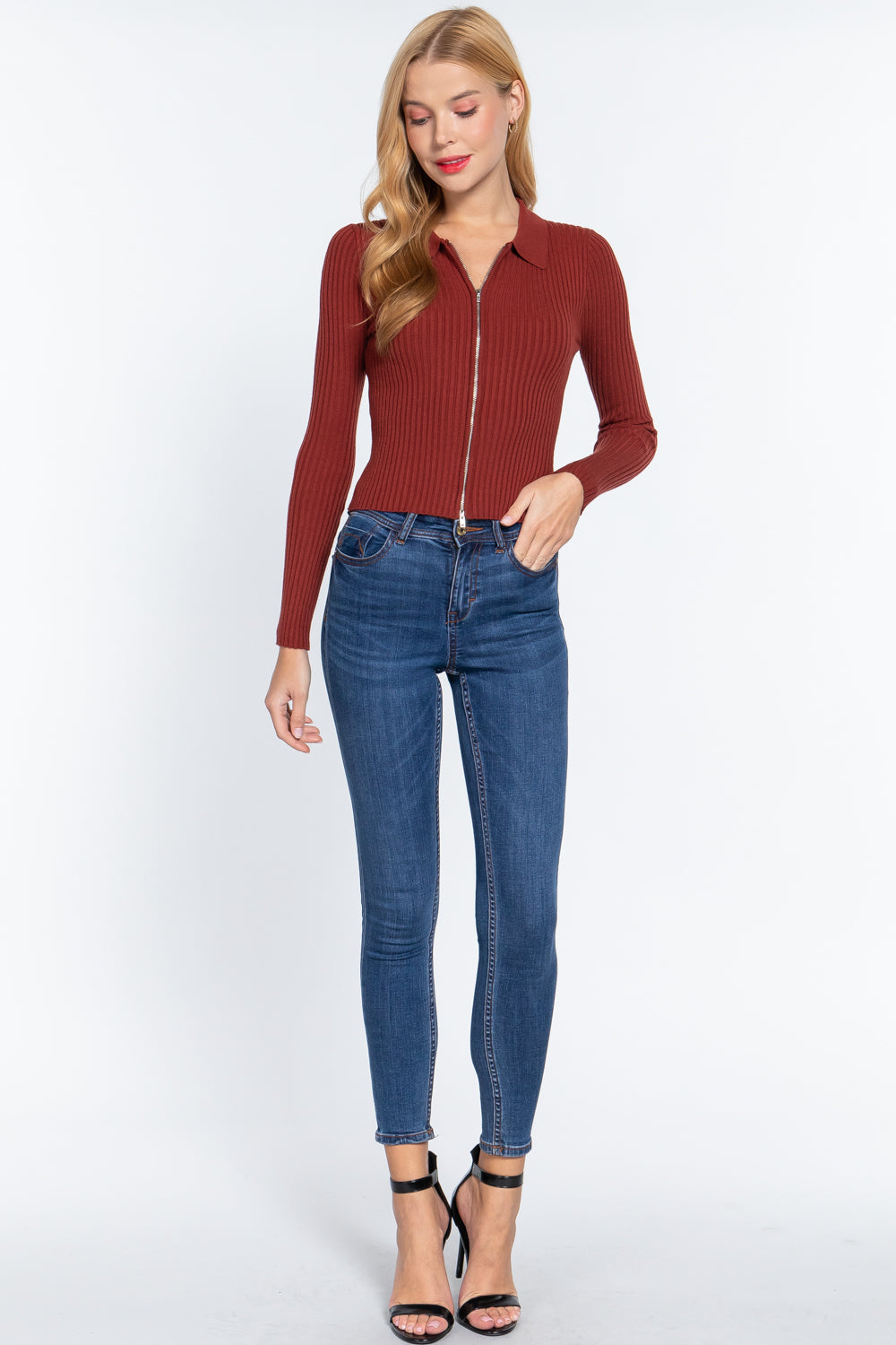 Notched Collar Zippered Sweater Image 2