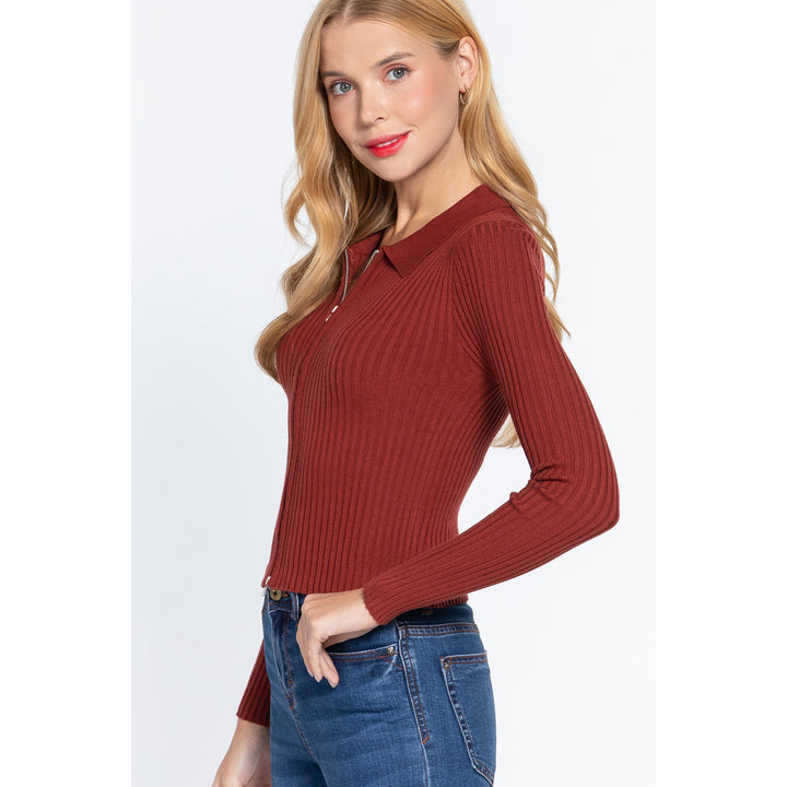 Notched Collar Zippered Sweater Image 3