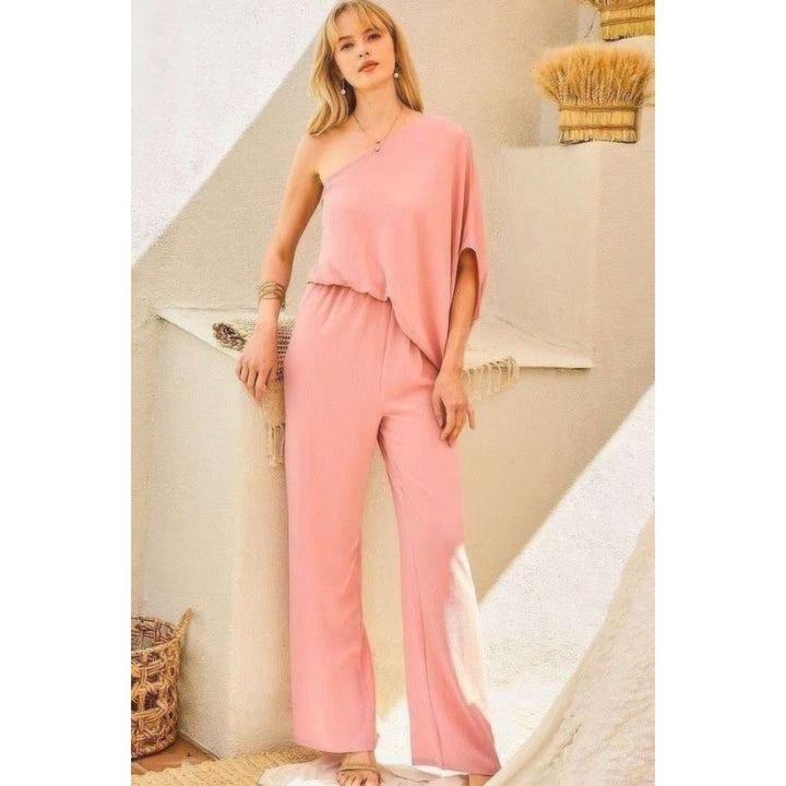 One Shoulder 3/4 Sleeve Unbalanced Waist Elastic Solid Pants Jumpsuit Image 1