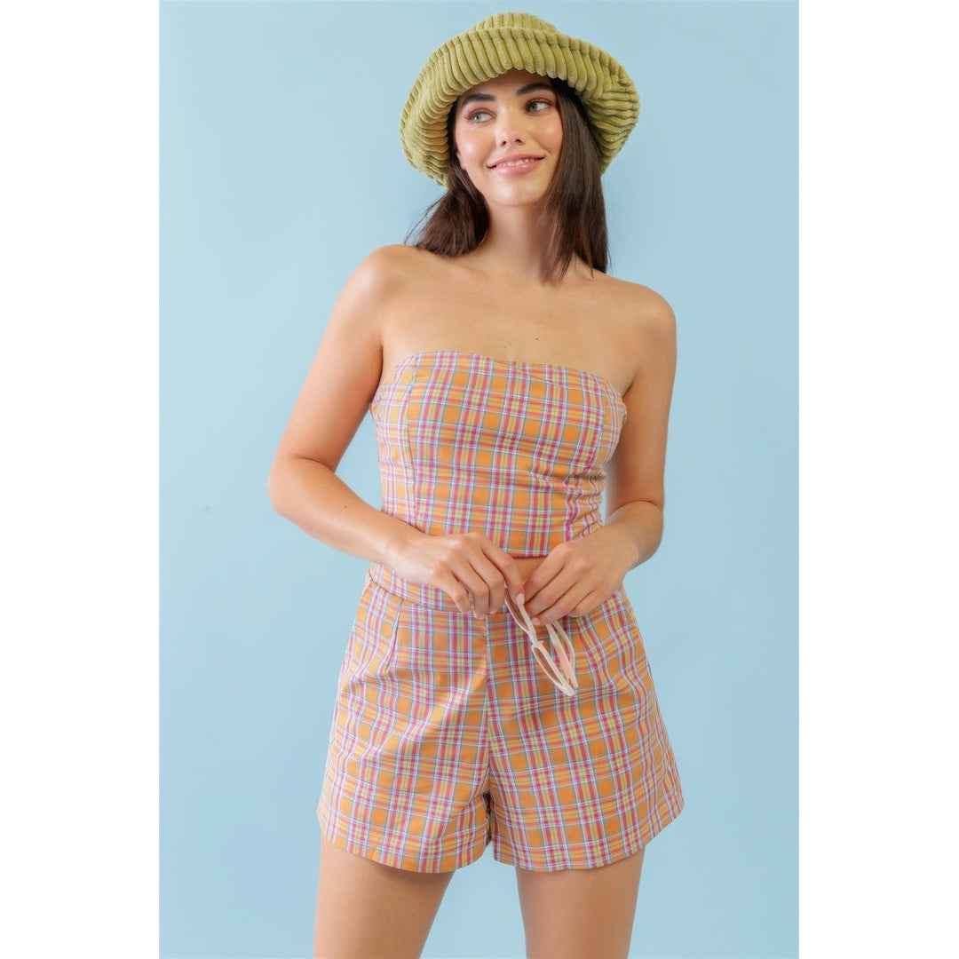 Orange and Aqua Plaid Print Cotton Strapless Crop Top and High Waist Two Pocket Shorts Set Image 1