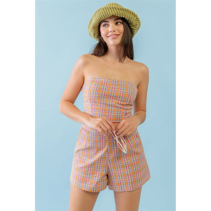 Orange and Aqua Plaid Print Cotton Strapless Crop Top and High Waist Two Pocket Shorts Set Image 1