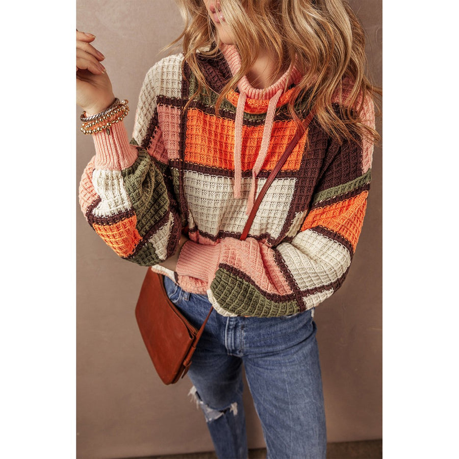 Orange Color Block Waffle Knit Drawstring Mock Neck Sweater Image 1