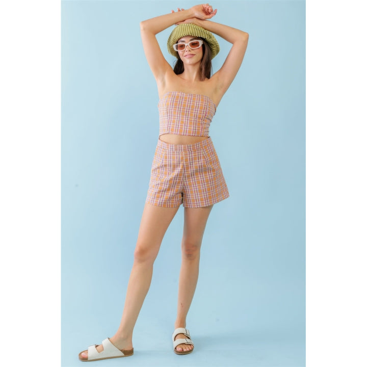 Orange and Aqua Plaid Print Cotton Strapless Crop Top and High Waist Two Pocket Shorts Set Image 2