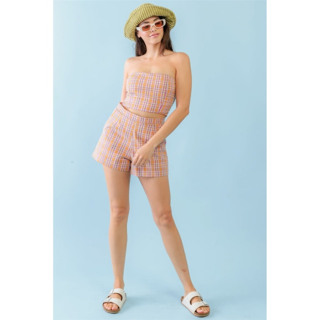 Orange and Aqua Plaid Print Cotton Strapless Crop Top and High Waist Two Pocket Shorts Set Image 3