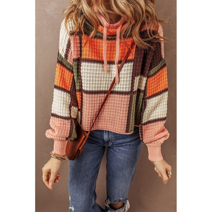 Orange Color Block Waffle Knit Drawstring Mock Neck Sweater Image 3