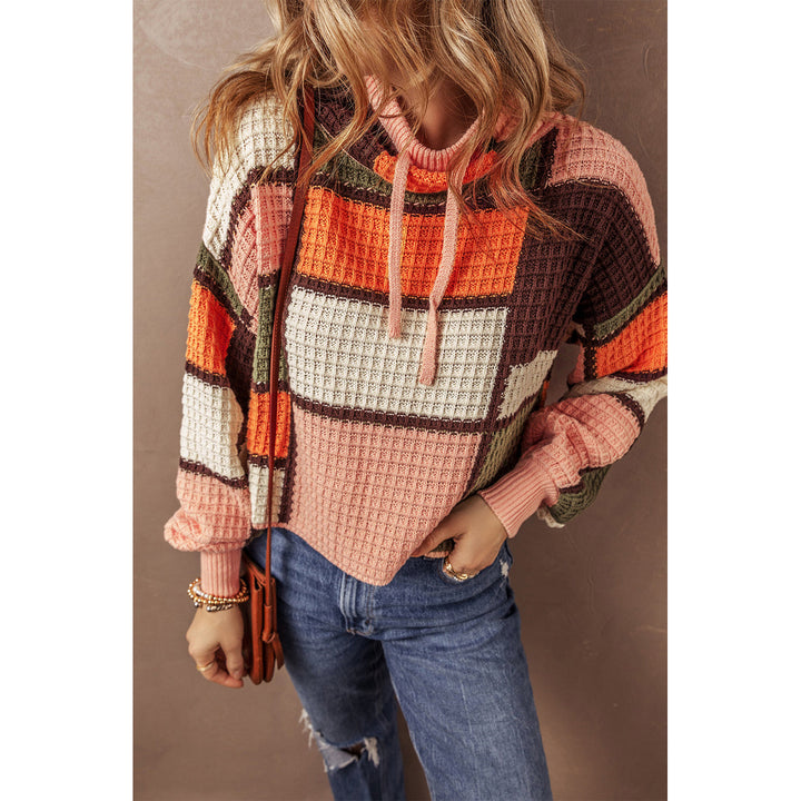 Orange Color Block Waffle Knit Drawstring Mock Neck Sweater Image 4